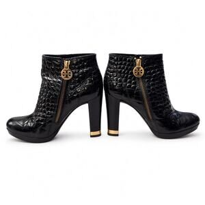 Tory Burch Black Croc Embossed Patent Platform Ankle Boots Size 6.5 Gold Logo